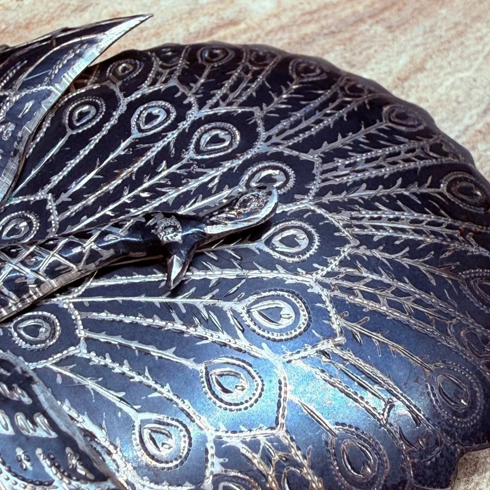 Vintage Siam Sterling Silver Niello Peacock Brooch Hinged Articulated Tail 22.9g